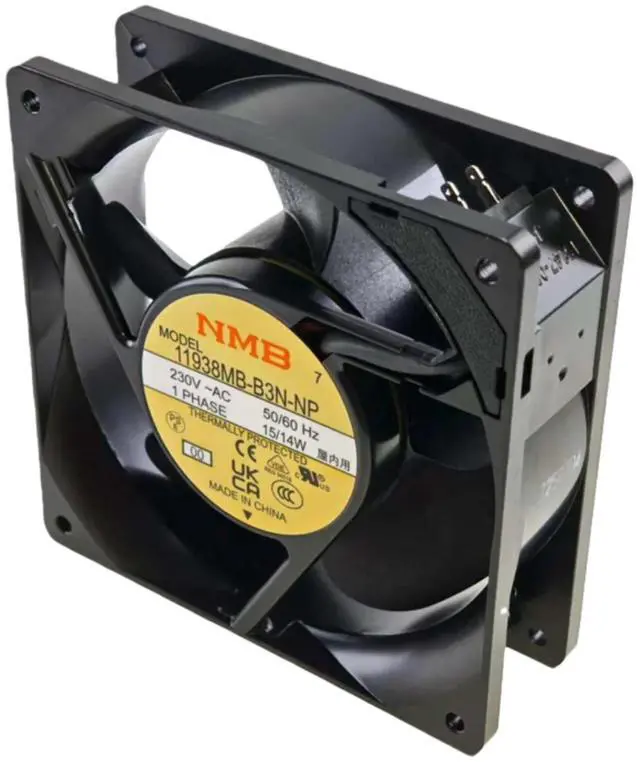 Main image of AC 230V 120mm fan for 11938MB-B3N-NP, 12038 metal frame ball bearing, 2900RPM, 102CFM, rack cooling axial flow cooler.