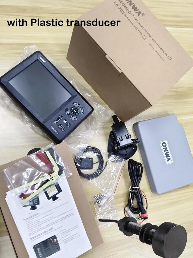 Main image of The KCombo-7 is a 7-inch marine GPS fish finder combination sensor with a color LCD display and GPS charting instrument, featuring a fish finder and GPS + fish detector (including TD-28).