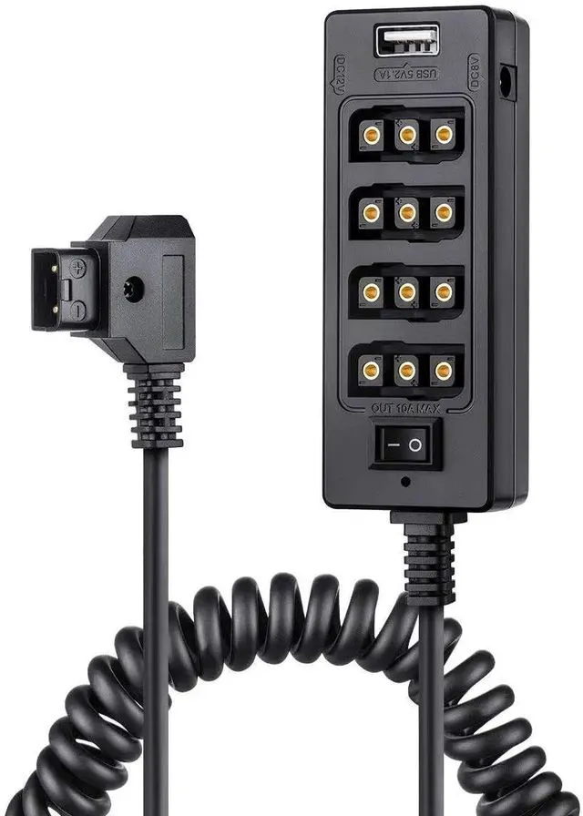 Main image of Splitter cable with power switch, D-tap male to 4 female connectors, suitable for V-type interface batteries, LCD monitors, LED video lights, BMPCC 4K 6K and other equipment.