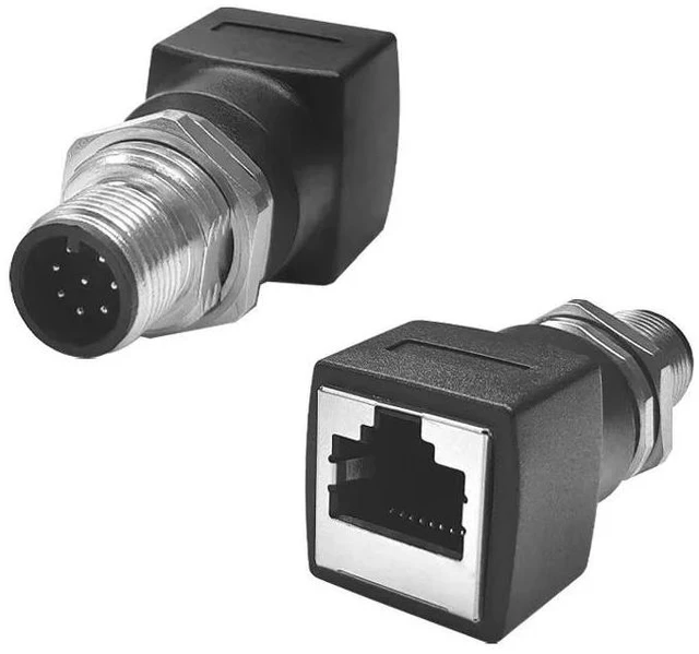 Main image of M12 Type A 8-pin male to female to RJ45 female connector adapter network cable right angle socket (A-8Pin-M to RJ45-F)