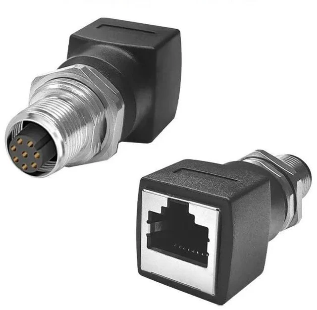 Main image of M12 Type A 8-pin male to female to RJ45 female connector adapter network cable right angle socket (A-8Pin-F to RJ45-F)