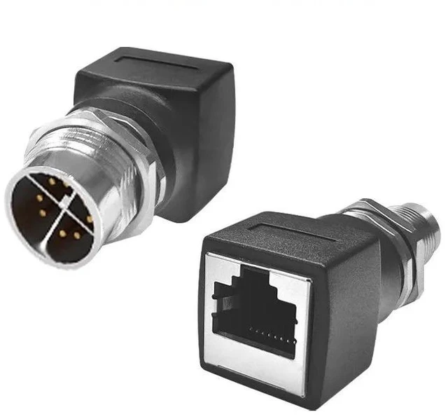 Main image of M12 Type A 8-pin male-to-female to RJ45 female connector adapter network cable right angle socket (X-8Pin-M to RJ45-F)