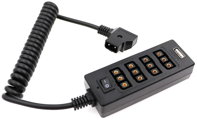 Main image of D-Tap male to 4-port D-Tap female spiral splitter cable, suitable for V-type batteries, with switch button and USB port.