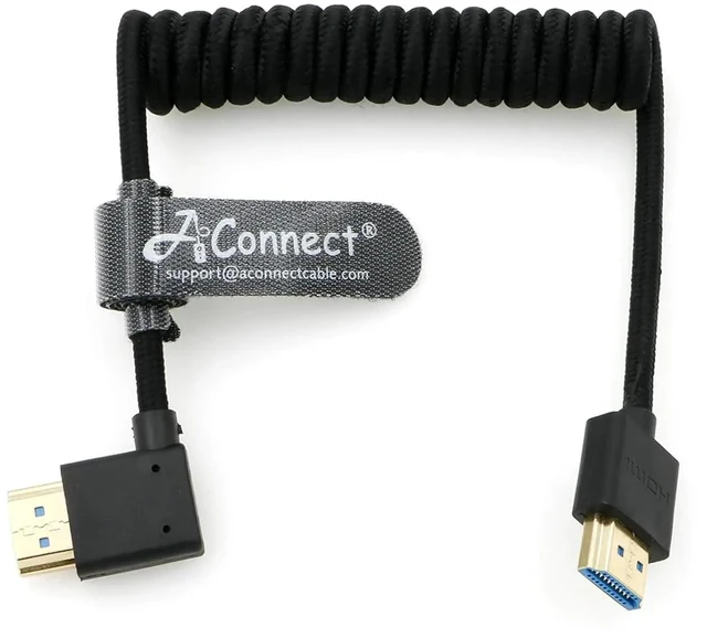 Main image of 8K spiral HDMI 2.1 cable, supports 8K@60Hz and 4K@120Hz, 48Gbps ultra-high-speed braided cable, length 12~18 inches, suitable for devices such as BM5, right-angle design.