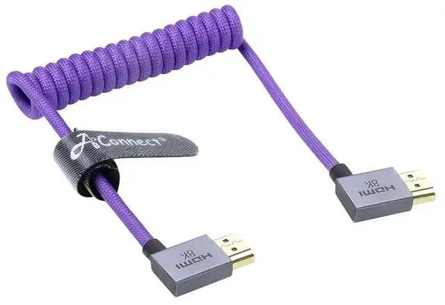 Main image of Left-bend HDMI 2.1 cable for the Z-CAM E2F6 Pro 8K@60Hz live monitor, 48Gbps braided spiral cable.