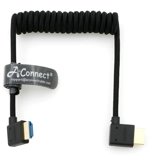 Main image of 8K HDMI 2.1 spiral cable, supports 8K@60Hz and 4K@120Hz, 48Gbps high-speed braided spiral cable, length 12~18 inches, suitable for monitors (Right RightAngle BLK).