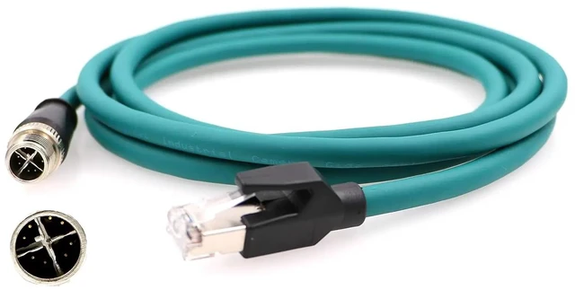 Main image of Ethernet cable for gigabit industrial cameras, M12 8-pin X-Code to RJ45 double-shielded industrial cable, highly flexible, 2 meters long.