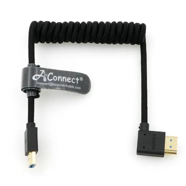 Main image of 8K spiral HDMI 2.1 cable, supports 8K@60Hz and 4K@120Hz, 48Gbps ultra-high-speed braided cable, length 12~18 inches, suitable for left-hand bend connectors.