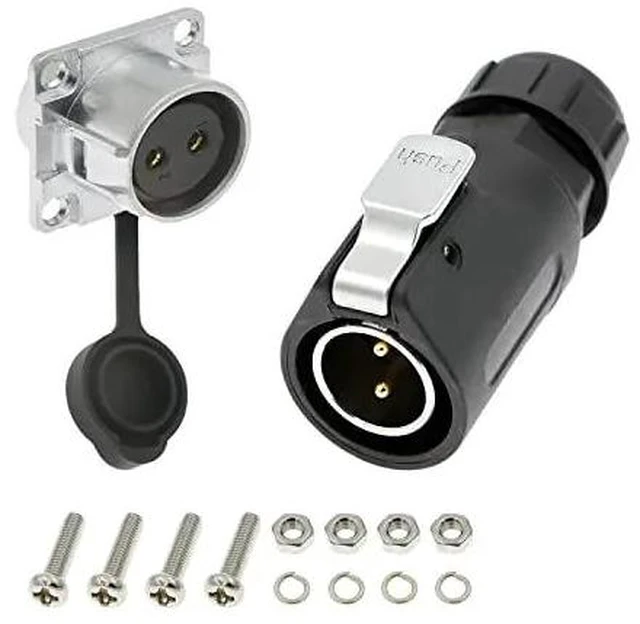 Main image of 2-pin power cord connector, IP67 waterproof rating, M20 panel mount male and female plugs and sockets, suitable for outdoor environments.