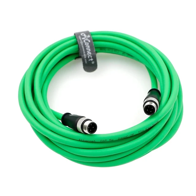 Main image of M12 4-pin D-type male to 4-pin D-type male Cat5e Ethernet waterproof shielded flexible cable, suitable for industrial applications, eco-friendly (5M 16.4Ft).