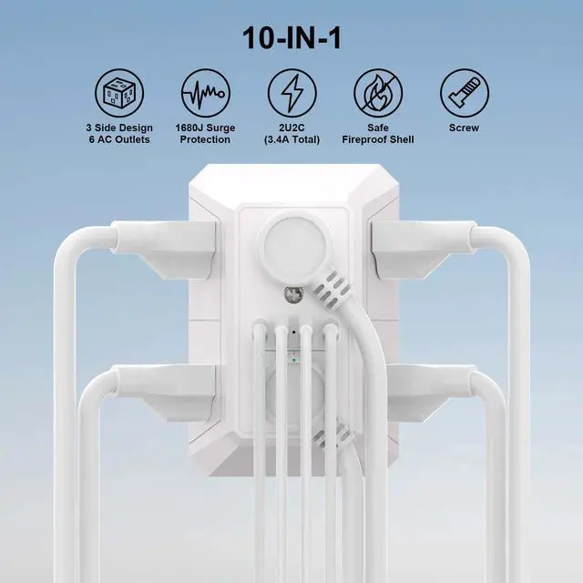 Alt view image 2 of 7 - Multi Plug Wall Outlet Surge Protector - Outlet Extender with 6 Outlets and 4 USB Ports(2 USB-C), Outlet Splitter for Home Office Dorm Room Essentials, ETL, White