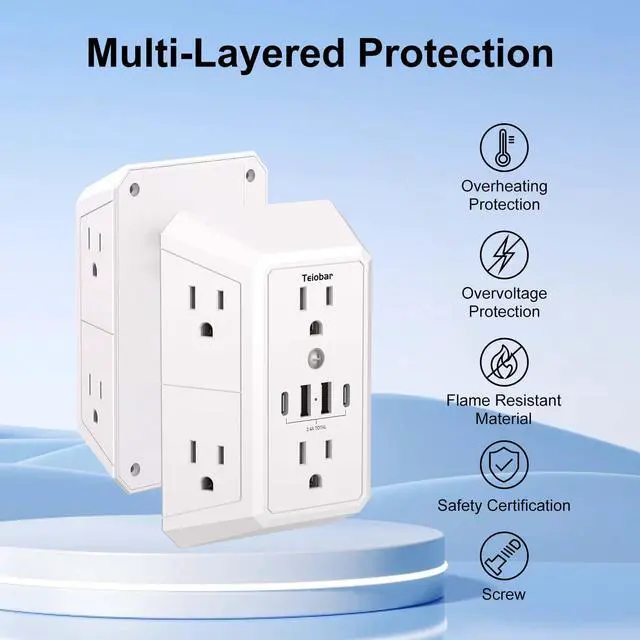 Alt view image 4 of 7 - Multi Plug Wall Outlet Surge Protector - Outlet Extender with 6 Outlets and 4 USB Ports(2 USB-C), Outlet Splitter for Home Office Dorm Room Essentials, ETL, White