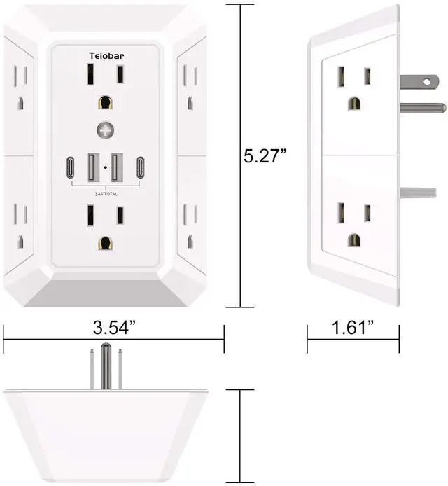 Alt view image 7 of 7 - Multi Plug Wall Outlet Surge Protector - Outlet Extender with 6 Outlets and 4 USB Ports(2 USB-C), Outlet Splitter for Home Office Dorm Room Essentials, ETL, White