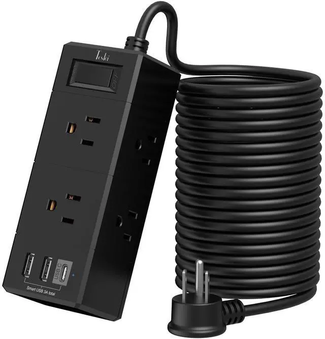 Main image of 20Ft Extension Cord Flat Plug Power Strip - 3-Side Outlet Extender with 6 AC Outlets and 3 USB Ports (1 USB C), Compact for Home, Office, Dorm Room Essentials, Black