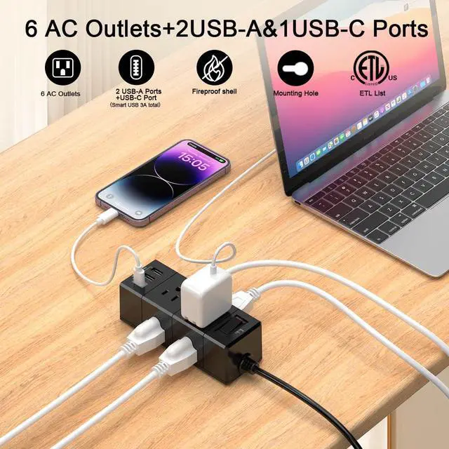 Alt view image 2 of 7 - 20Ft Extension Cord Flat Plug Power Strip - 3-Side Outlet Extender with 6 AC Outlets and 3 USB Ports (1 USB C), Compact for Home, Office, Dorm Room Essentials, Black