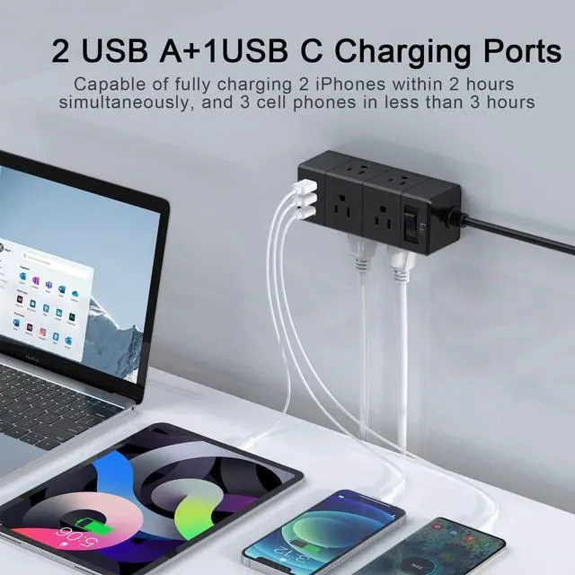 Alt view image 3 of 7 - 20Ft Extension Cord Flat Plug Power Strip - 3-Side Outlet Extender with 6 AC Outlets and 3 USB Ports (1 USB C), Compact for Home, Office, Dorm Room Essentials, Black