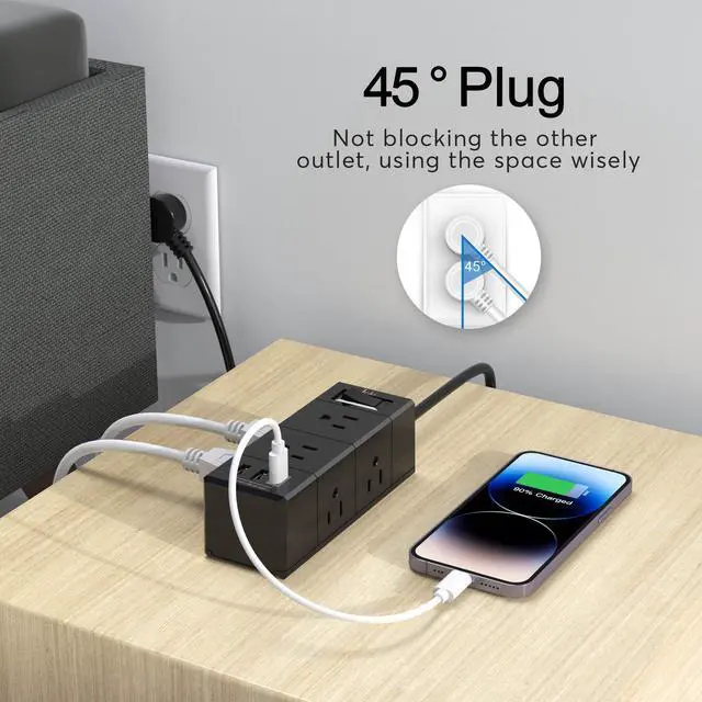 Alt view image 5 of 7 - 20Ft Extension Cord Flat Plug Power Strip - 3-Side Outlet Extender with 6 AC Outlets and 3 USB Ports (1 USB C), Compact for Home, Office, Dorm Room Essentials, Black