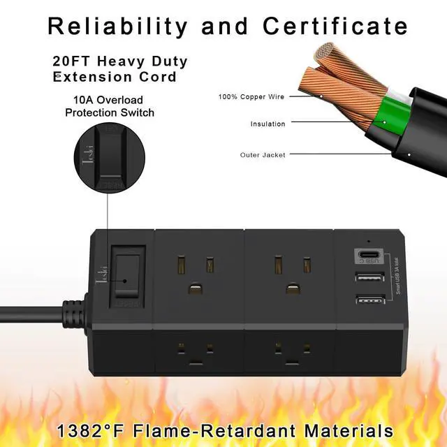 Alt view image 6 of 7 - 20Ft Extension Cord Flat Plug Power Strip - 3-Side Outlet Extender with 6 AC Outlets and 3 USB Ports (1 USB C), Compact for Home, Office, Dorm Room Essentials, Black
