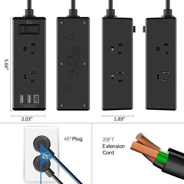 Alt view image 7 of 7 - 20Ft Extension Cord Flat Plug Power Strip - 3-Side Outlet Extender with 6 AC Outlets and 3 USB Ports (1 USB C), Compact for Home, Office, Dorm Room Essentials, Black