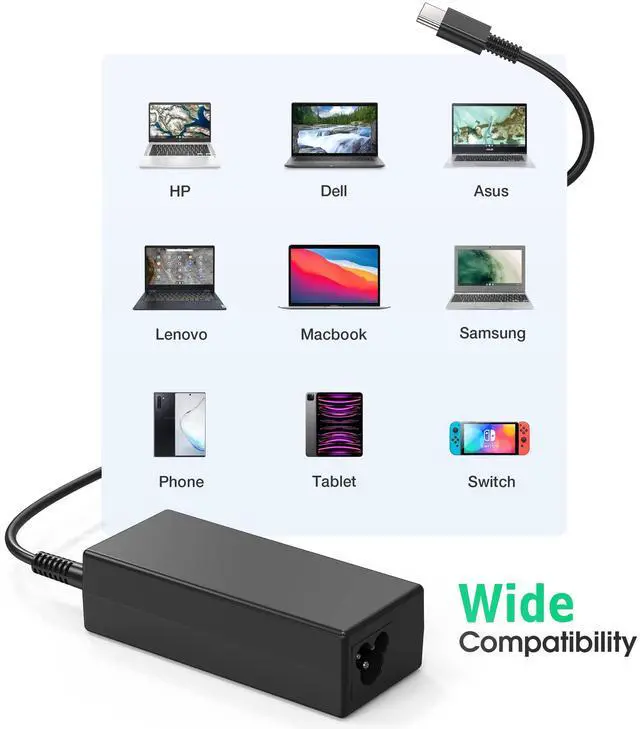 Alt view image 2 of 7 - USB C Laptop Charger, 65W Chromebook Charger Compatible with HP Lenovo Dell Asus Acer Samsung Google Chromebook Fast Charger Type C