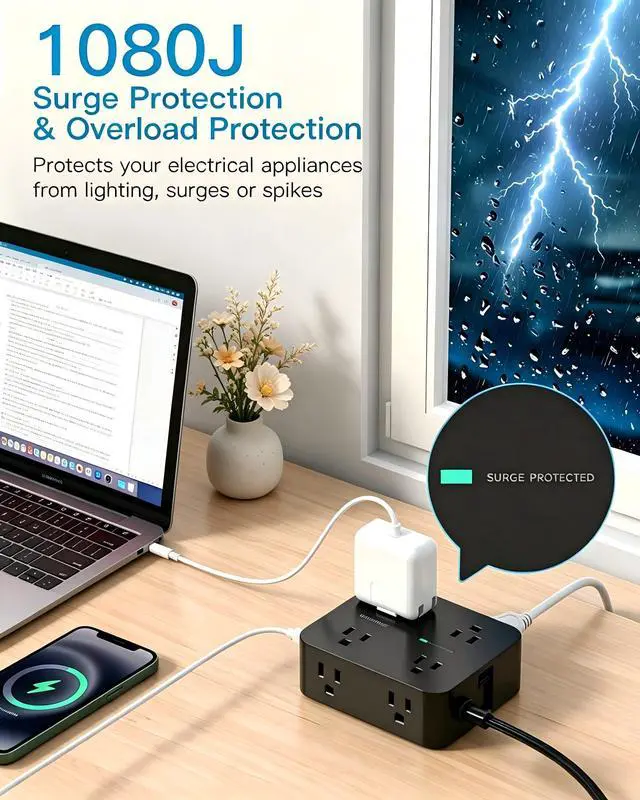 Alt view image 4 of 7 - 10 Ft Power Strip Flat Plug, Extension Cord Surge Protector with 8 Outlets and 4 USB Ports (2 USB C), Ultra Thin Flat Wall Plug, 1080J Surge Protection, Mountable Charging Station for Dorm, Office