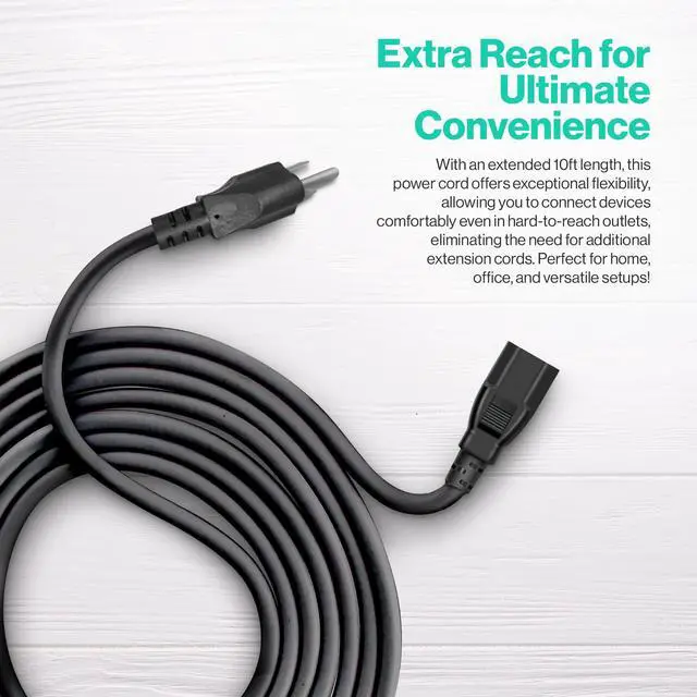 Alt view image 2 of 7 - 3 Prong AC Power Cord 10ft Long Standard | 125V-250V | for Computer, Monitor, TV, Printer, Power Supply PSU Electric Cable Replacement Power Cord