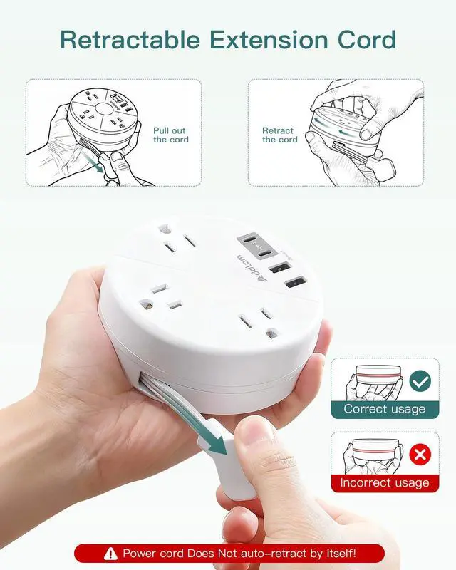 Alt view image 2 of 7 - Cruise Approved Power Strip,Travel Power Strip with 1ft Retractable Cord, Ultra Thin Flat Plug, 3 Outlets 4 USB (2 USB C), Non Surge Protector for Travel/Cruise/Home/Dorm/Office, ETL Listed