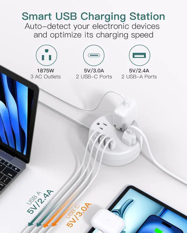 Alt view image 3 of 7 - Cruise Approved Power Strip,Travel Power Strip with 1ft Retractable Cord, Ultra Thin Flat Plug, 3 Outlets 4 USB (2 USB C), Non Surge Protector for Travel/Cruise/Home/Dorm/Office, ETL Listed