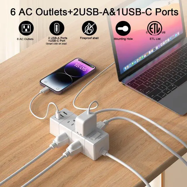 Alt view image 2 of 7 - 15Ft Extension Cord Flat Plug Power Strip - 3-Side Outlet Extender with 6 AC Outlets and 3 USB Ports (1 USB C), Compact for Home, Office, Dorm Room Essentials, White