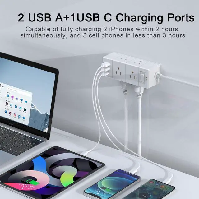 Alt view image 3 of 7 - 15Ft Extension Cord Flat Plug Power Strip - 3-Side Outlet Extender with 6 AC Outlets and 3 USB Ports (1 USB C), Compact for Home, Office, Dorm Room Essentials, White