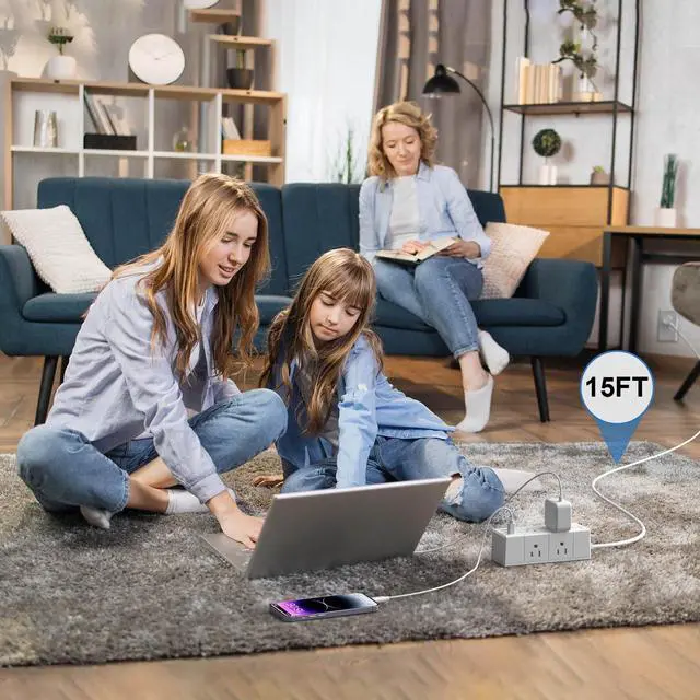 Alt view image 4 of 7 - 15Ft Extension Cord Flat Plug Power Strip - 3-Side Outlet Extender with 6 AC Outlets and 3 USB Ports (1 USB C), Compact for Home, Office, Dorm Room Essentials, White