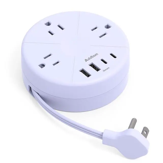 Main image of Travel Essentials Power Strip with USB C, Purple Cruise Approved Power Strip, 3 Outlets 4 USB Ports, 5ft Retractable Extension Cord for Travel, Dorm Room, Hotel, Cruise Ship Accessories