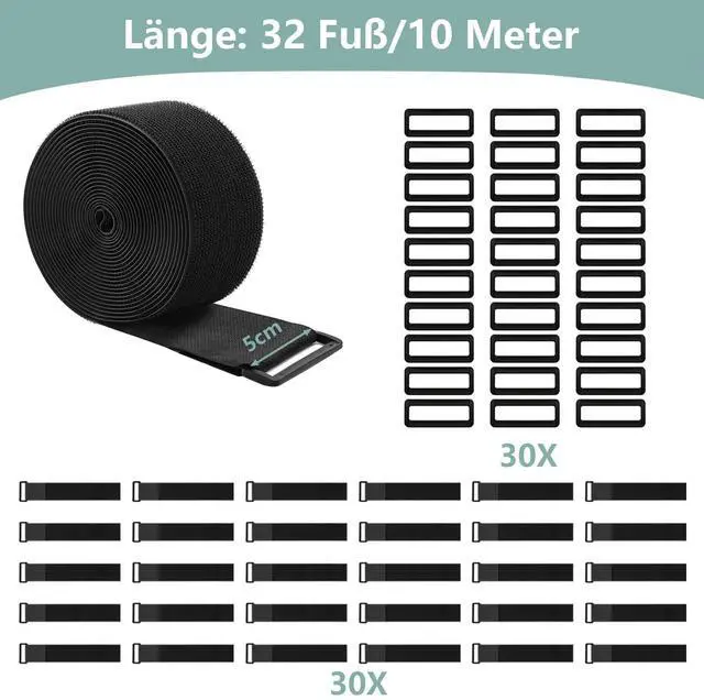 Alt view image 2 of 7 - 2In x 32Ft Cable Straps Heavy Duty With 30 Buckles, Black Hook and Loop Straps, Reusable Cable Ties for Organizer or Storage