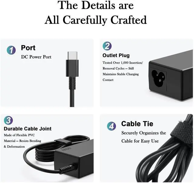 Alt view image 2 of 7 - 65W USB C Laptop Charger Compatible with Lenovo ThinkPad X1 X13 T14 T14s T15 E14 E15 T480s T490 Yoga 7i 9i C940 Thinkbook 13s 14 15 16 Chromebook c330 s330 Computer Charger Type C AC Power Adapter