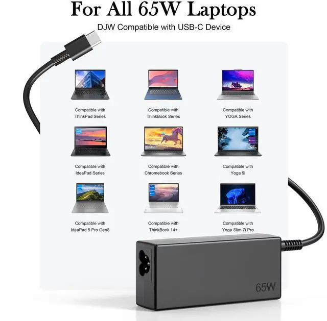 Alt view image 5 of 7 - 65W USB C Laptop Charger Compatible with Lenovo ThinkPad X1 X13 T14 T14s T15 E14 E15 T480s T490 Yoga 7i 9i C940 Thinkbook 13s 14 15 16 Chromebook c330 s330 Computer Charger Type C AC Power Adapter