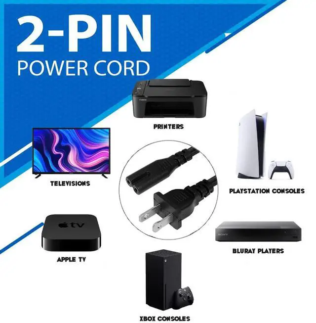 Alt view image 2 of 4 - AC 2 Prong C8 Power Cord 5ft Standard 2-Slot for TV PS4 PS5 Speaker Monitor Xbox Wall Power Cable Replacement Black