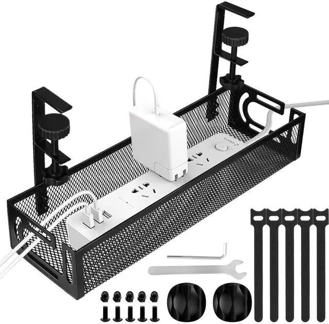 Main image of Under Desk Cable Management Tray, Cable Management Under Desk No Drill, Wire Management Tray with Clamp, Cord Organizer for Home Office, Black