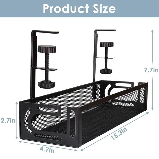 Alt view image 2 of 7 - Under Desk Cable Management Tray, Cable Management Under Desk No Drill, Wire Management Tray with Clamp, Cord Organizer for Home Office, Black
