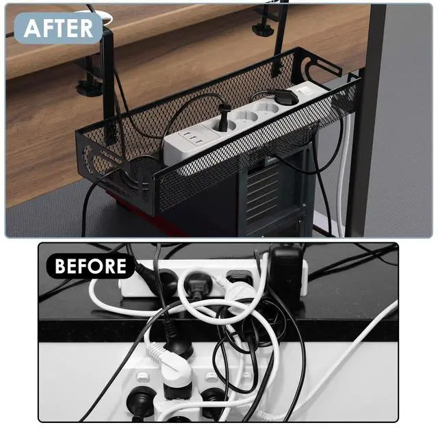 Alt view image 6 of 7 - Under Desk Cable Management Tray, Cable Management Under Desk No Drill, Wire Management Tray with Clamp, Cord Organizer for Home Office, Black