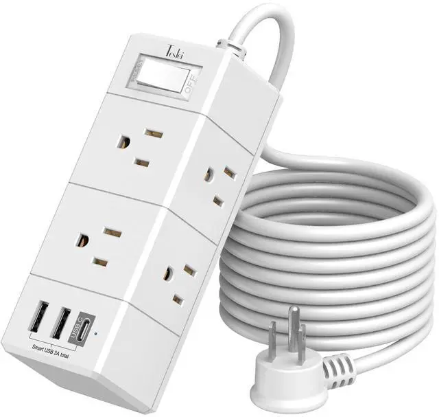 Main image of 10Ft Extension Cord Flat Plug Power Strip - 3-Side Outlet Extender with 6 AC Outlets and 3 USB Ports (1 USB C), Compact for Home, Office, Dorm Room Essentials, White