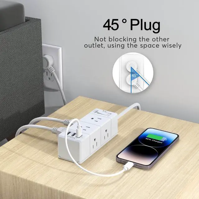 Alt view image 5 of 7 - 10Ft Extension Cord Flat Plug Power Strip - 3-Side Outlet Extender with 6 AC Outlets and 3 USB Ports (1 USB C), Compact for Home, Office, Dorm Room Essentials, White