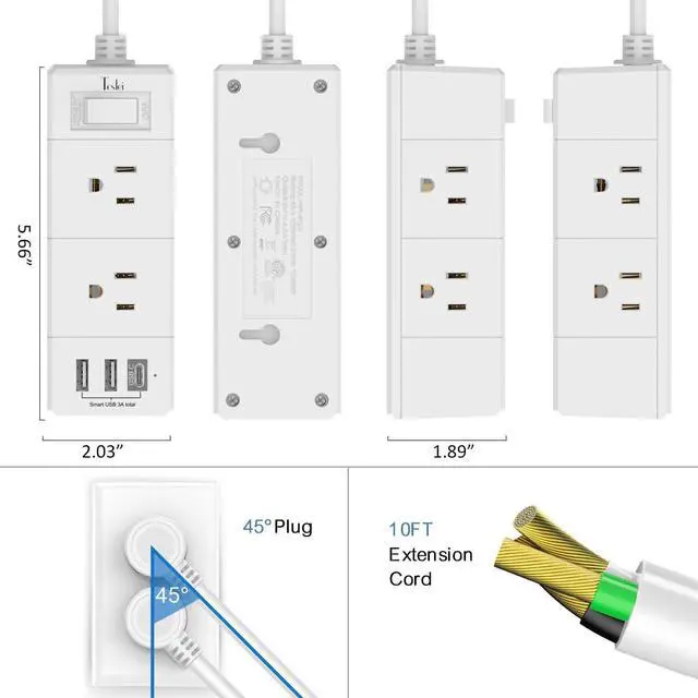 Alt view image 7 of 7 - 10Ft Extension Cord Flat Plug Power Strip - 3-Side Outlet Extender with 6 AC Outlets and 3 USB Ports (1 USB C), Compact for Home, Office, Dorm Room Essentials, White