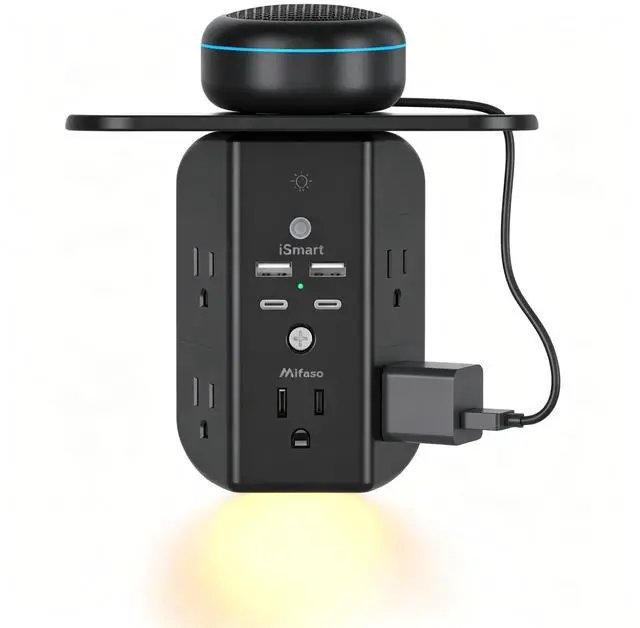 Main image of Wall Outlet Extender with Shelf and Night Light, Surge Protector, USB Wall Charger with 5 AC Outlets and 2 USB A Ports 2 USB C Ports Wide Space 3-Sided Power Strip Multi Plug Outlets, Black