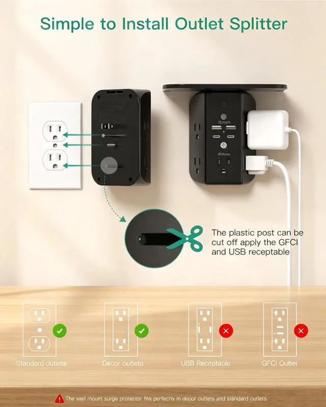 Alt view image 5 of 7 - Wall Outlet Extender with Shelf and Night Light, Surge Protector, USB Wall Charger with 5 AC Outlets and 2 USB A Ports 2 USB C Ports Wide Space 3-Sided Power Strip Multi Plug Outlets, Black