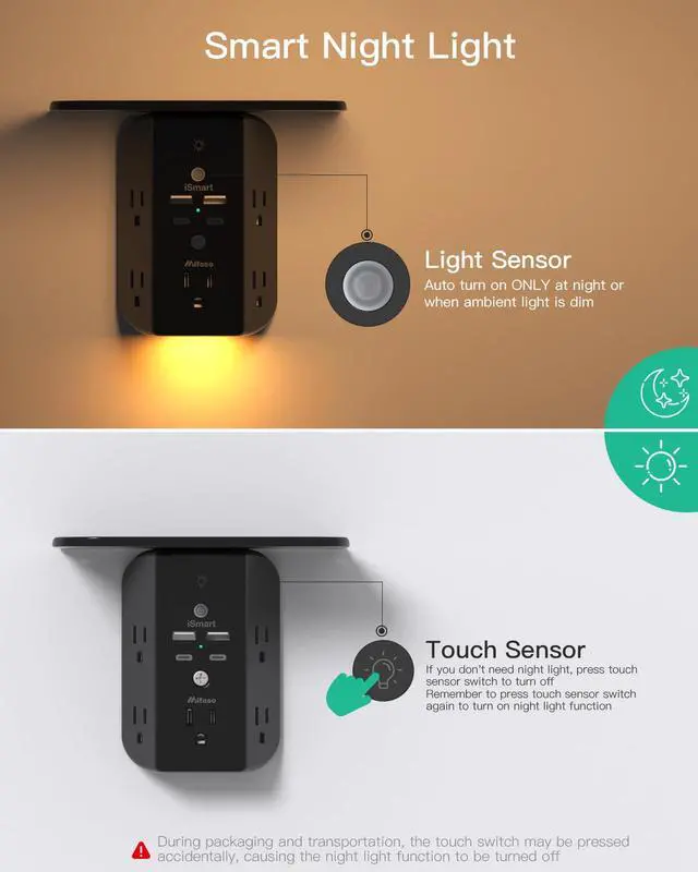 Alt view image 6 of 7 - Wall Outlet Extender with Shelf and Night Light, Surge Protector, USB Wall Charger with 5 AC Outlets and 2 USB A Ports 2 USB C Ports Wide Space 3-Sided Power Strip Multi Plug Outlets, Black