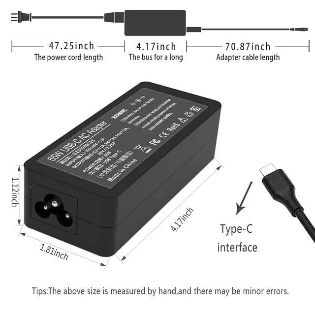 Alt view image 6 of 7 - 65W 45W USB C Laptop Power Replacement Adapter Charger for Lenovo Chromebook/Yoga/ThinkPad/HP Chromebook/Dell Laptop USB Type C Power Adapter