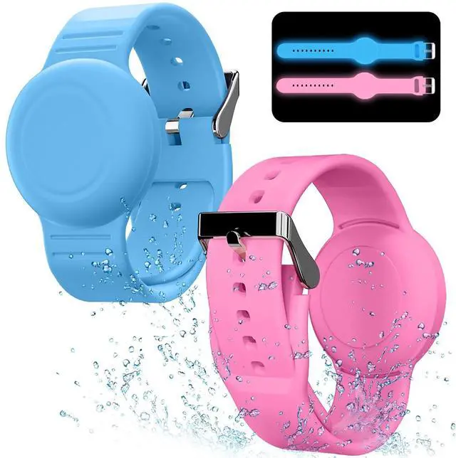 Main image of Waterproof Bracelet Compatible with Airtag (1st & 2nd Gen) for Kid, 2 Pack Soft Silicone Hidden Wristband, Lightweight Watch Band Compatible with Apple Air Tag for Child, Grow in Dark Blue & Pink