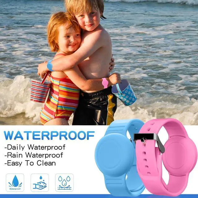 Alt view image 2 of 7 - Waterproof Bracelet Compatible with Airtag (1st & 2nd Gen) for Kid, 2 Pack Soft Silicone Hidden Wristband, Lightweight Watch Band Compatible with Apple Air Tag for Child, Grow in Dark Blue & Pink