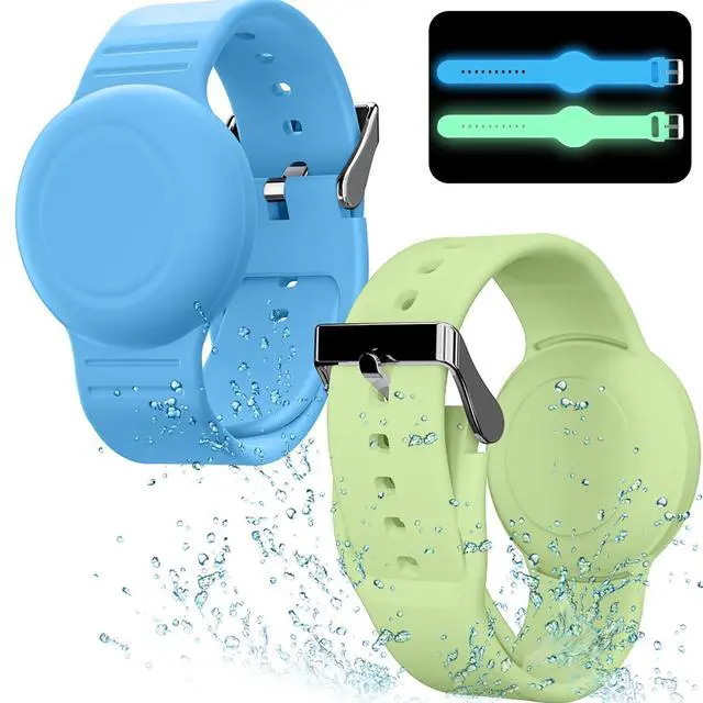 Main image of Waterproof Bracelet Compatible with Airtag (1st & 2nd Gen) for Kid, 2 Pack Soft Silicone Hidden Wristband, Lightweight Watch Band Compatible with Apple Air Tag for Child, Grow in Dark Blue & Green