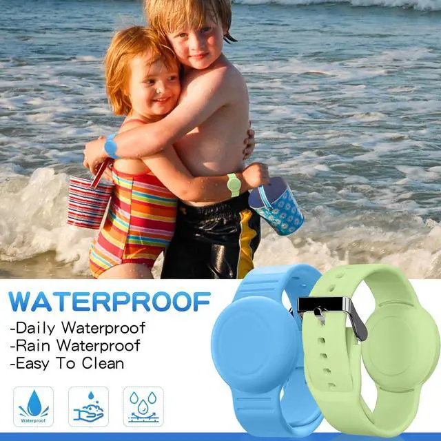 Alt view image 2 of 7 - Waterproof Bracelet Compatible with Airtag (1st & 2nd Gen) for Kid, 2 Pack Soft Silicone Hidden Wristband, Lightweight Watch Band Compatible with Apple Air Tag for Child, Grow in Dark Blue & Green